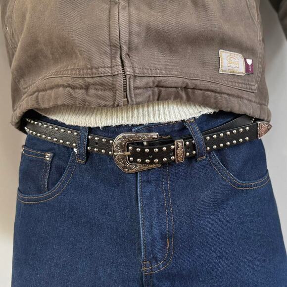 2000s Western Black Silver Studded Belt – Vintage Style, Unisex, Brand New - Picture 4 of 8